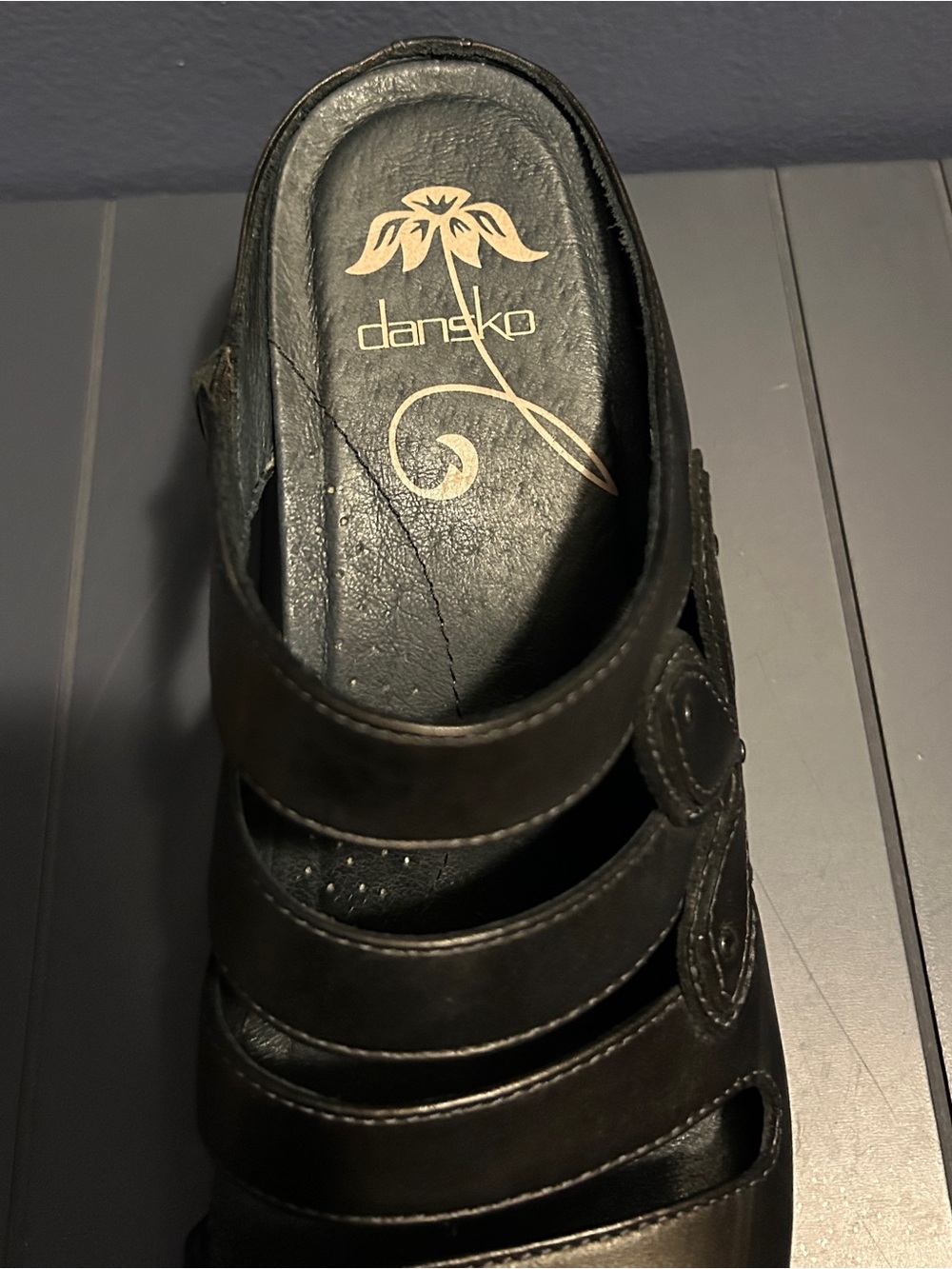 Dansko Genuine Leather Upper Black Floral Appliqué Clog Heels - Picture 6 of 6